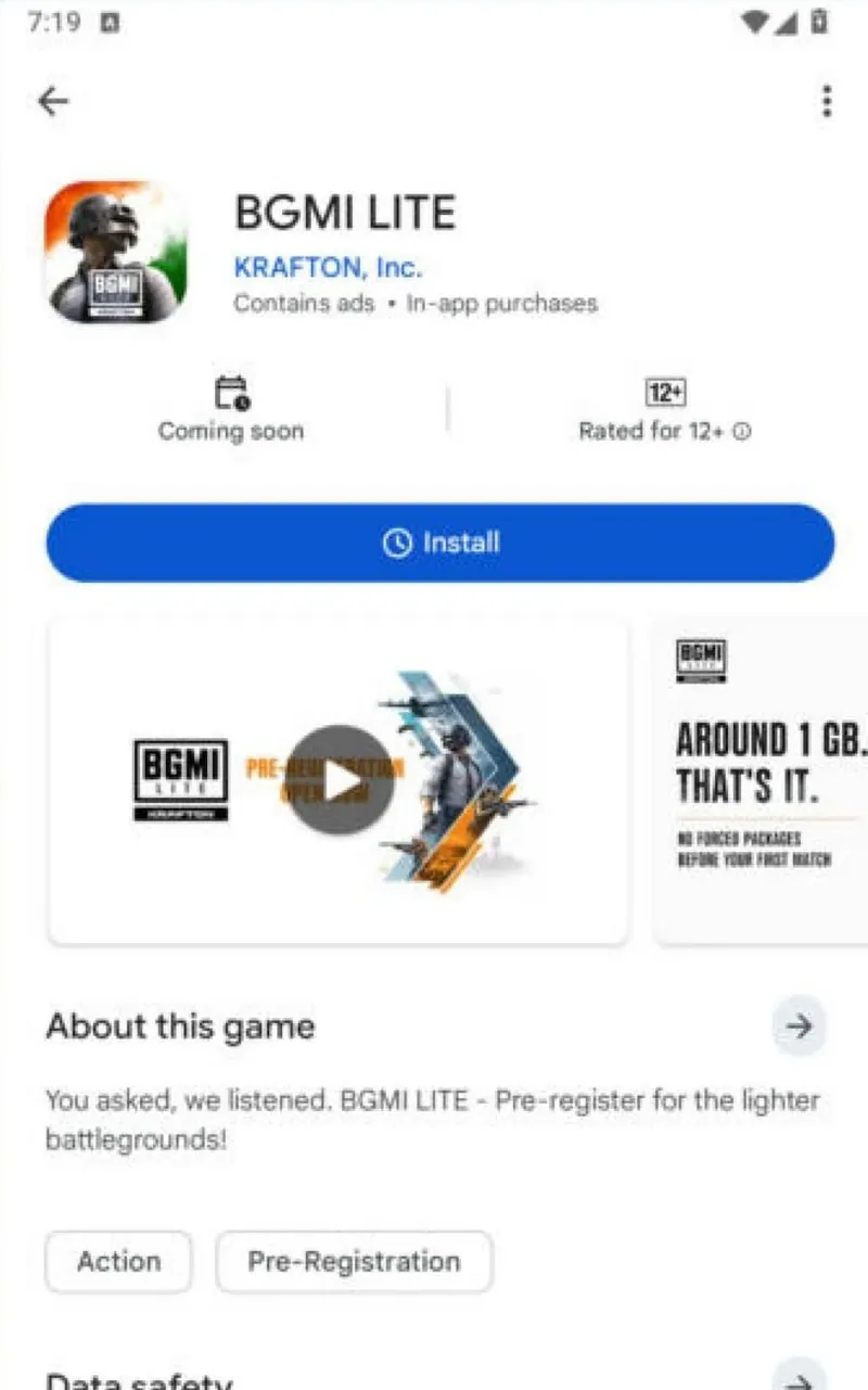 BGMI LITE listing on Google Play by KRAFTON, Inc., marked Coming soon and Rated for 12+