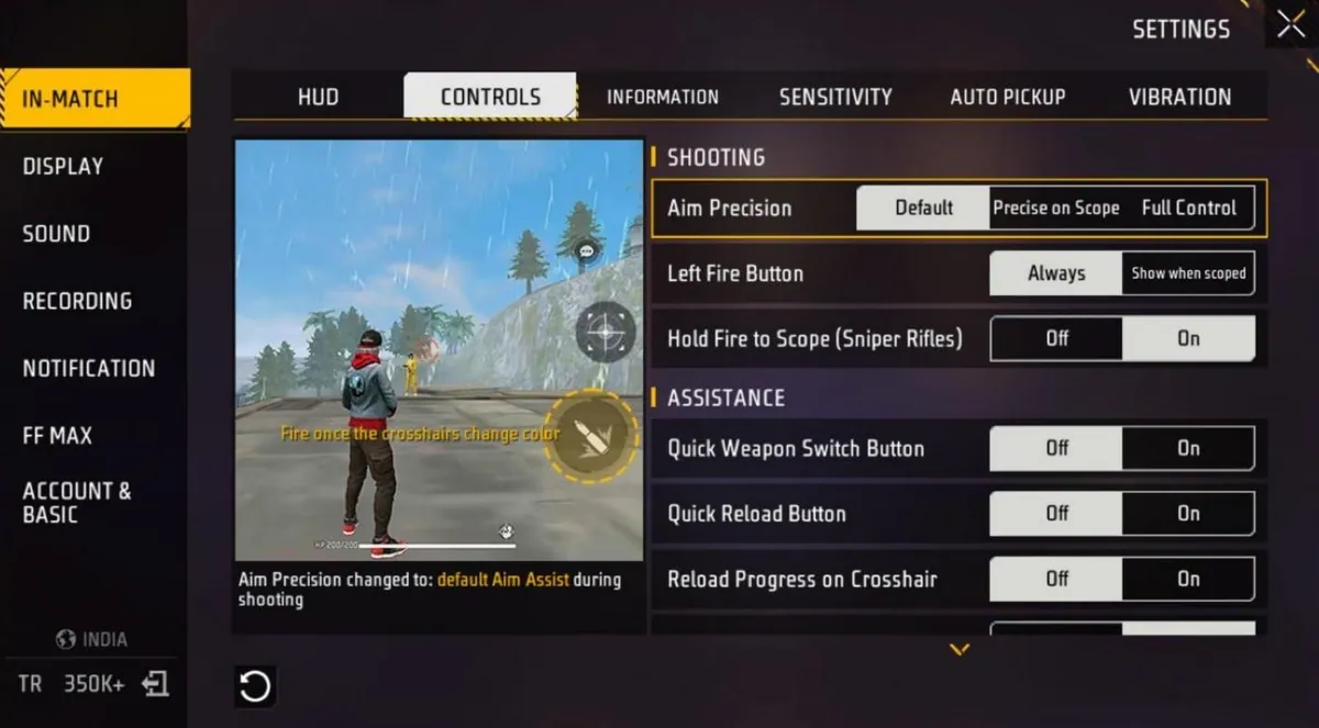 Free Fire MAX Controls settings: Aim Precision on Default, next to Precise on Scope and Full Control, with the note default Aim Assist during shooting