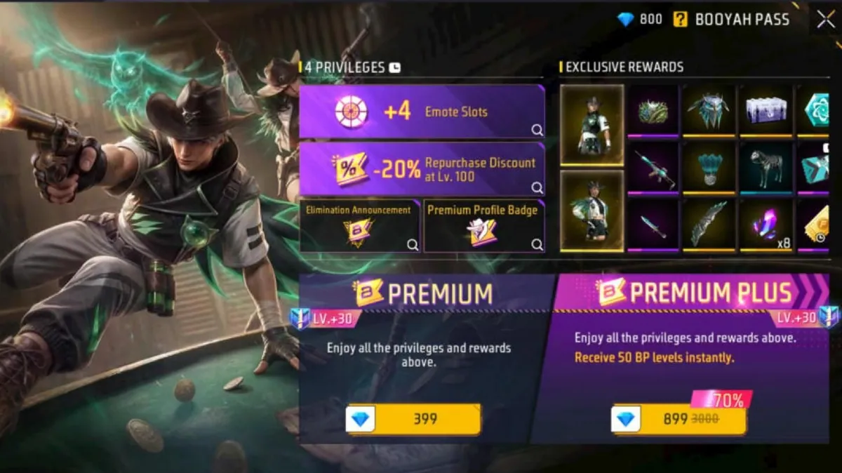 Booyah Pass purchase screen: Premium for 399 diamonds and Premium Plus for 899 diamonds