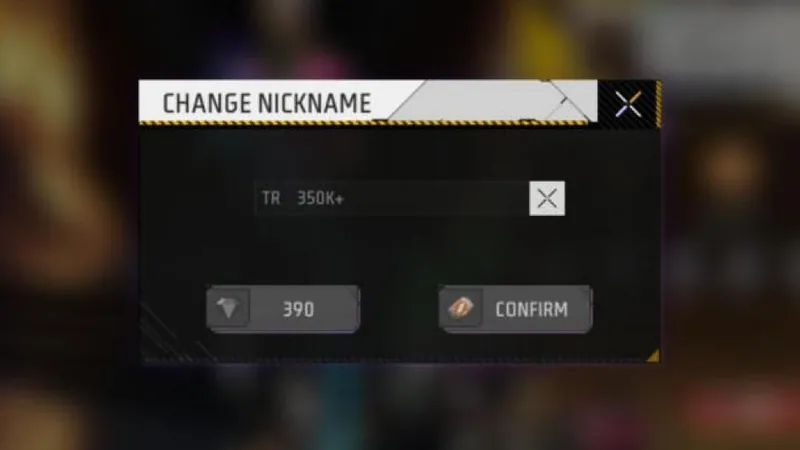 Free Fire MAX Change Nickname box with a 390 diamond button and a Confirm button for the Name Change Card