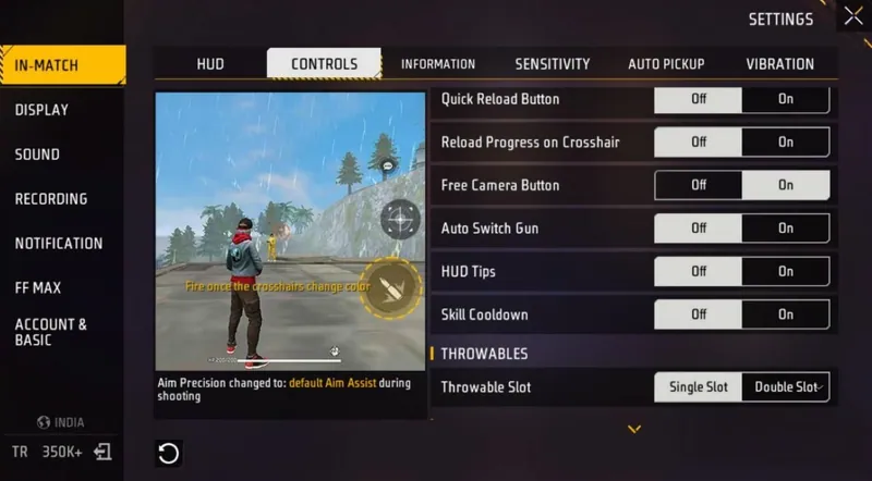 Free Fire MAX Controls settings: Quick Reload Button, Reload Progress on Crosshair, Free Camera Button on, Auto Switch Gun, HUD Tips, Skill Cooldown and Throwable Slot