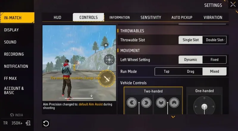 Free Fire MAX Controls settings: Throwable Slot, Left Wheel Setting Dynamic or Fixed, Run Mode Tap, Drag or Mixed, and two-handed or one-handed Vehicle Controls