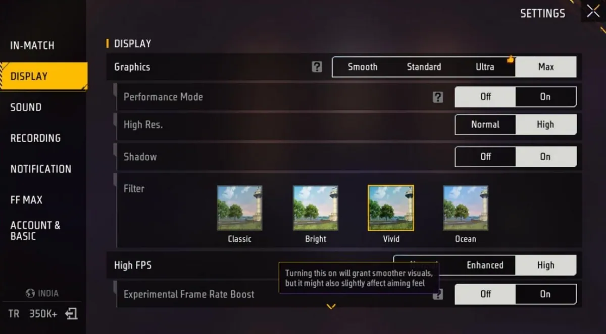 Free Fire MAX Display settings: Graphics, Performance Mode, High Res, Shadow, Filter and High FPS, with the Experimental Frame Rate Boost note that it might slightly affect aiming feel