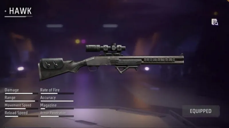 Hawk sniper rifle in the Free Fire MAX Armory with its stat bars