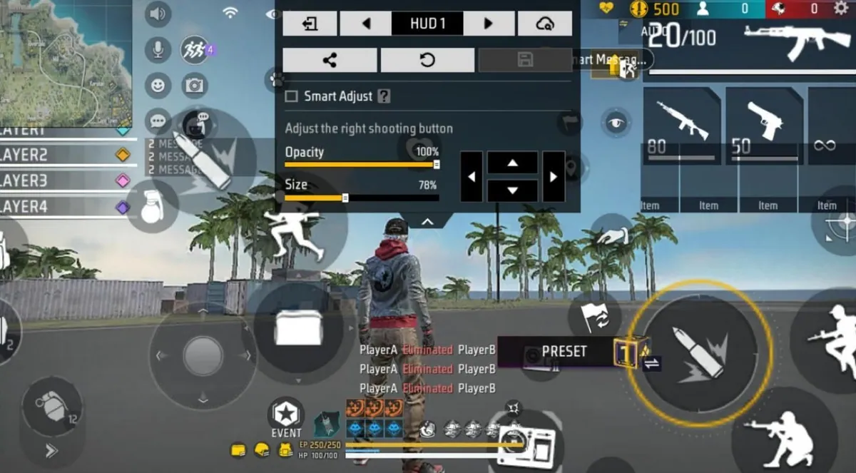 Free Fire MAX custom HUD editor for HUD 1 with the right shooting button selected, Opacity 100% and Size 78% sliders, arrow buttons and a Smart Adjust checkbox