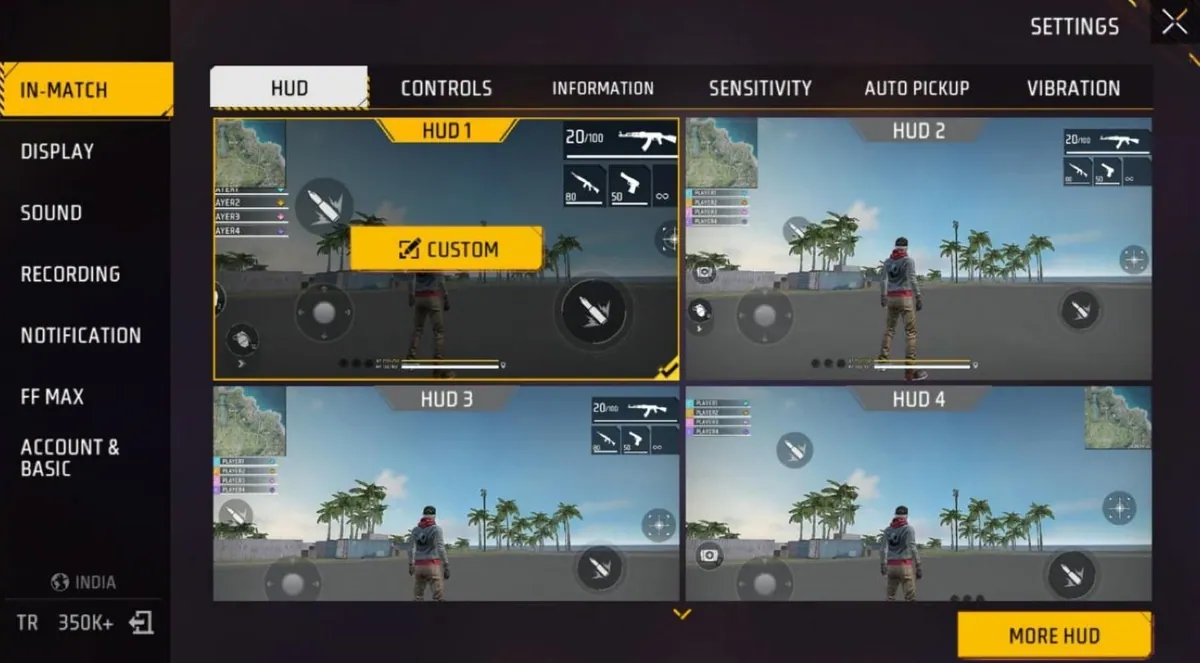 Free Fire MAX HUD settings with four layouts, HUD 1 selected with a CUSTOM button, and a MORE HUD button