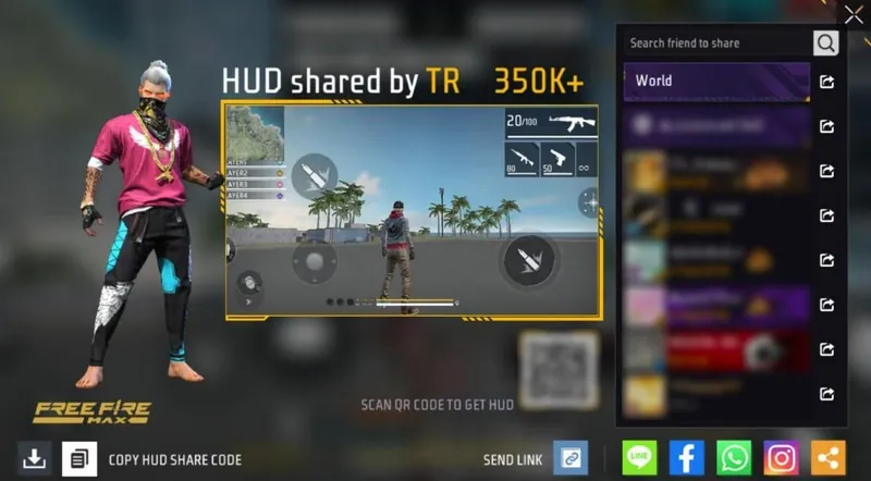 Free Fire MAX HUD share screen with a HUD preview, a QR code, COPY HUD SHARE CODE, SEND LINK and social share buttons