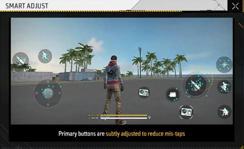 Free Fire MAX Smart Adjust help screen: Primary buttons are subtly adjusted to reduce mis-taps