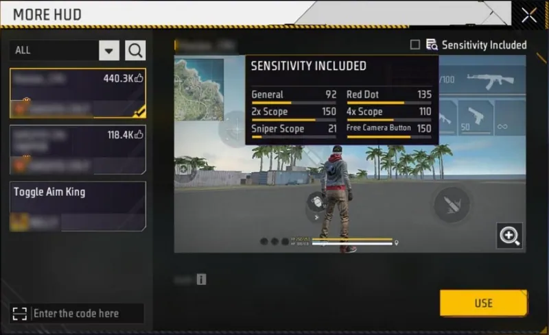Free Fire MAX MORE HUD list with the Sensitivity Included panel open: General 92, Red Dot 135, 2x Scope 150, 4x Scope 110, Sniper Scope 21, Free Camera Button 150