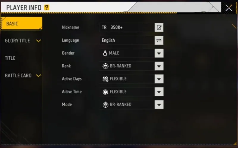 Free Fire MAX Player Info window with the pencil button next to Nickname