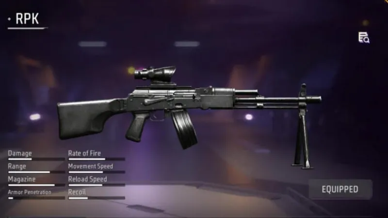 RPK light machine gun in the Free Fire MAX Armory with its stat bars