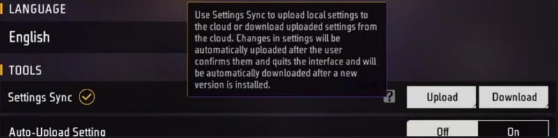 Free Fire MAX Settings Sync with Upload and Download buttons and its help text about uploading settings to the cloud