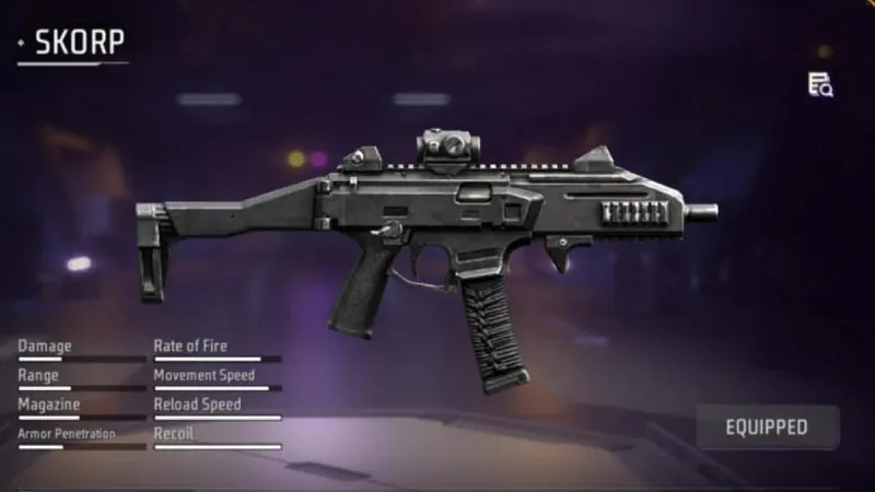 Skorp SMG in the Free Fire MAX Armory with its stat bars