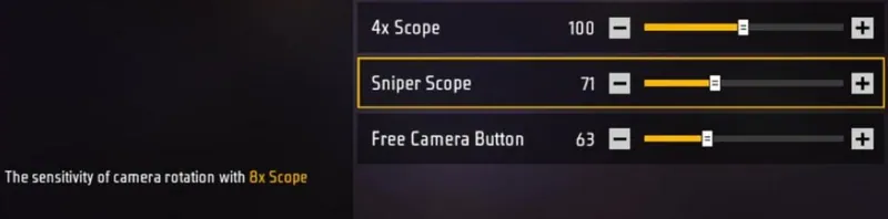 Free Fire MAX Sniper Scope slider selected, with the help line: The sensitivity of camera rotation with 8x Scope