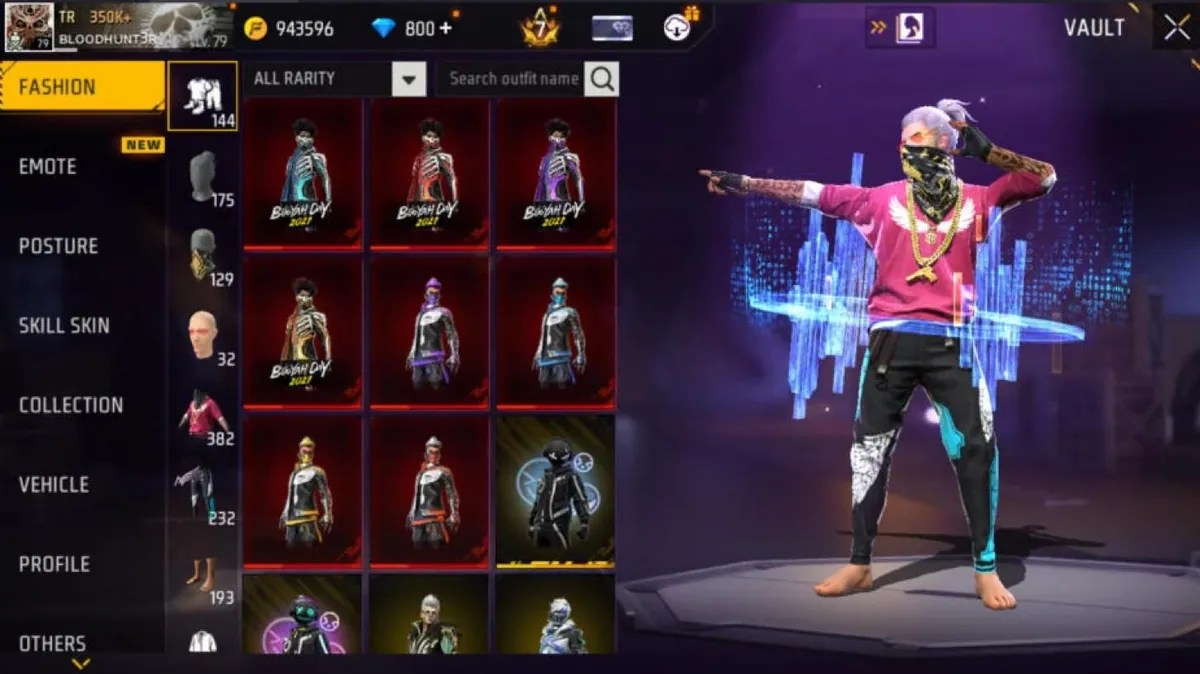 Free Fire MAX Vault screen with the Fashion tab open, where redeemed outfits and items appear